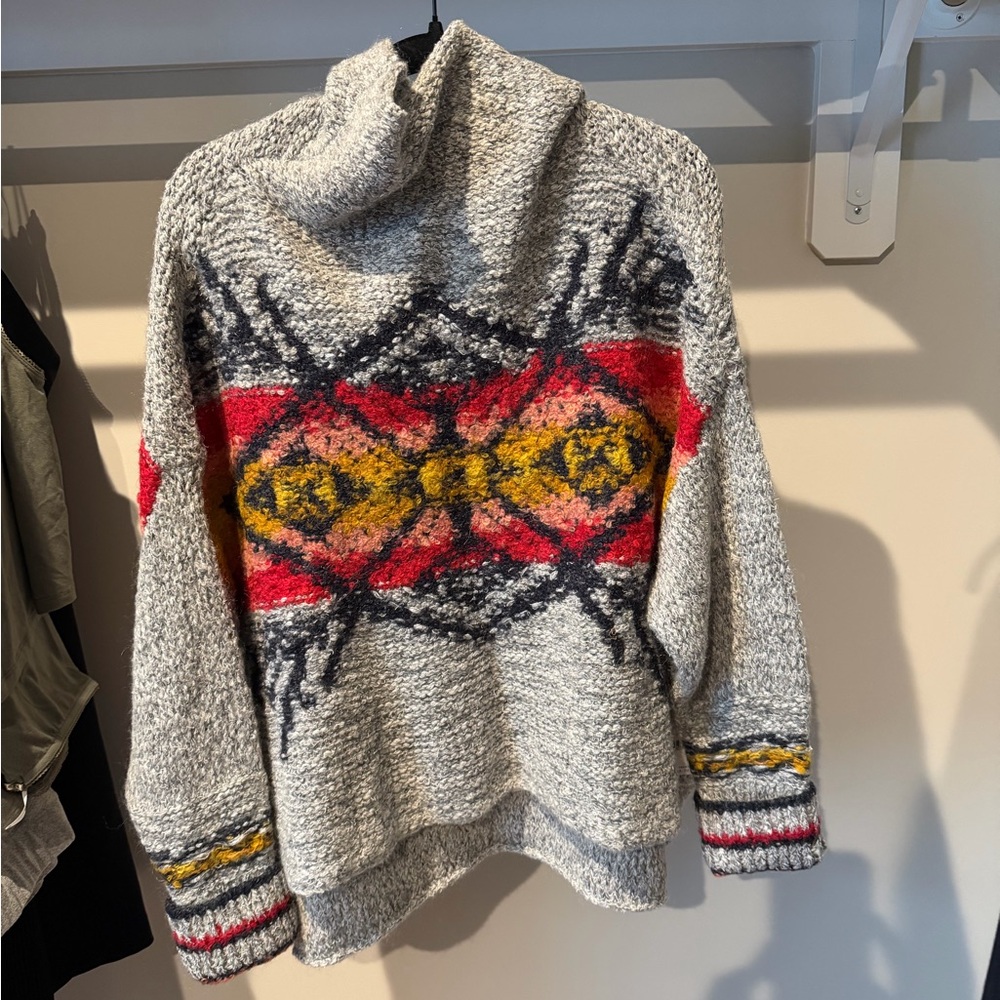 Free People Cozy Grey Patterned Turtleneck Sweater - Red & Yellow Accents